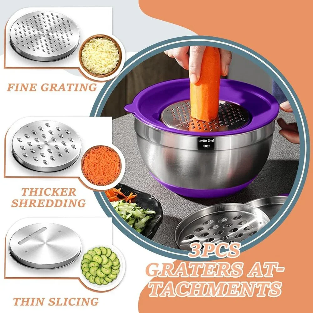 Mixing Bowls with Airtight Lids, 26Pcs Stainless Steel Bowls Set, 3 Grater Attac - Picture 4 of 7